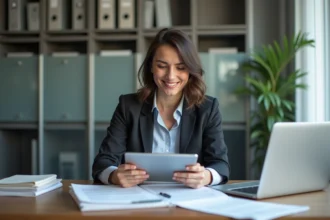Femme concentrée en réunion avec documents légaux