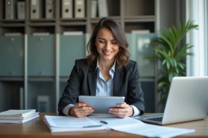 Femme concentrée en réunion avec documents légaux