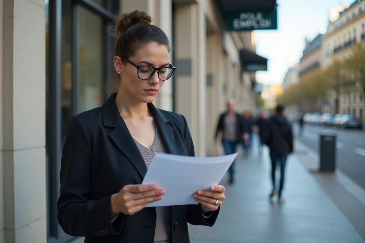 Femme tenant une lettre devant un bureau Pôle Emploi, expression inquiète illustrant les démarches chômage après un licenciement pour faute lourde