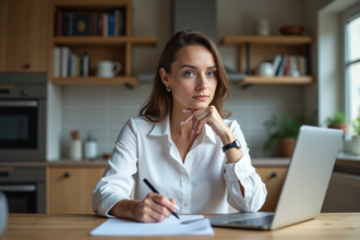 Femme concentrée lisant un document dans une cuisine moderne