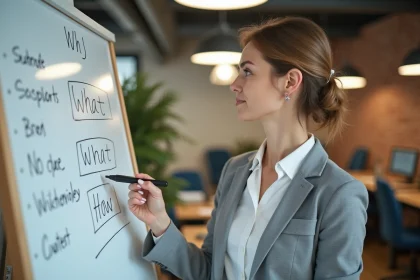 Femme d'affaires présentant la méthode Why What How sur un tableau blanc dans une PME