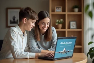 Femme et son fils regardant un ordinateur pour voyager