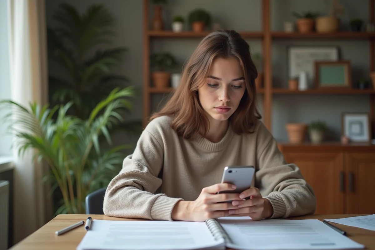 Jeune femme avec smartphone à la maison pour l