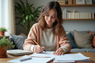 Femme organisée à la maison avec papiers et fournitures