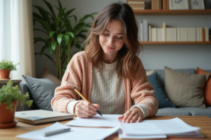 Femme organisée à la maison avec papiers et fournitures
