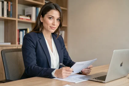 Femme professionnelle en blazer marine relisant une check-list avant d'envoyer sa candidature depuis un bureau moderne à domicile