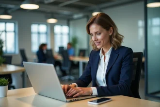 Femme professionnelle consultant Paie Pilote sur laptop et smartphone en toute sécurité dans un bureau moderne