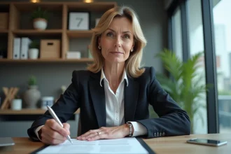 Femme en costume professionnel tenant une lettre de démission