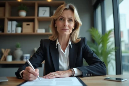 Femme en costume professionnel tenant une lettre de démission