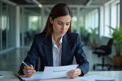 Femme d affaires concentrée avec dossier reclamation