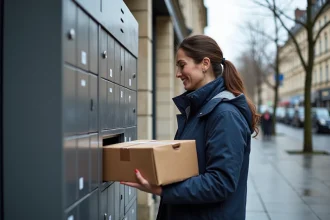Femme récupérant un colis dans une consigne automatique Harness Hub en milieu urbain à Harnes