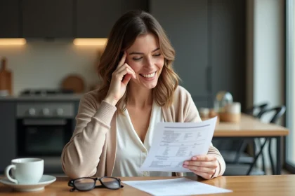 Femme examinant une facture à la maison avec sourire