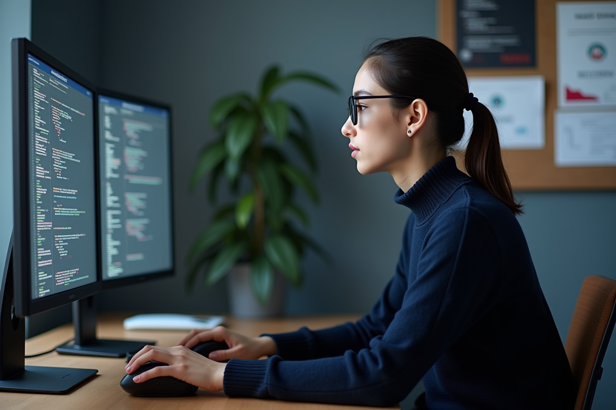 Jeune femme spécialiste en sécurité informatique surveillant ses écrans