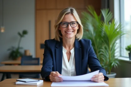 Femme en blazer bleu dans un bureau moderne lors d'une réunion