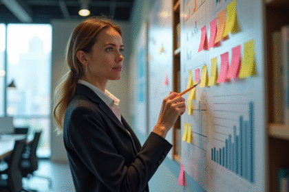 Femme confiante analysant des graphiques marketing dans un bureau