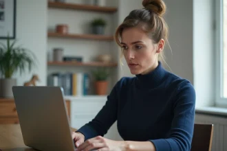 Femme en télétravail stressée devant son ordinateur portable, révisant une candidature pour un emploi full remote en France