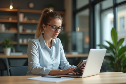 Femme concentrée au bureau coworking avec tablette et ordinateur