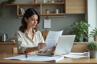 Femme assise à la cuisine avec ordinateur et papiers