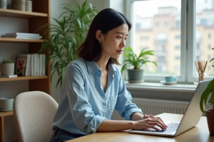 Femme travaillant sur un ordinateur dans un bureau lumineux