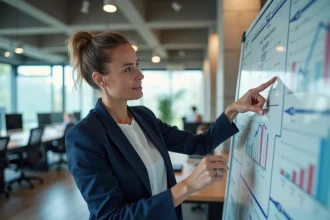 Responsable marketing en agence présentant un funnel d'acquisition client sur un tableau blanc avec des diagrammes de conversion