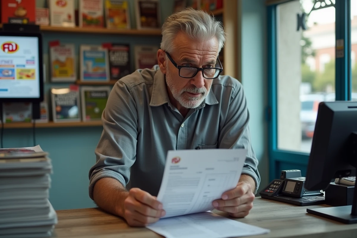 Gérant d'un point de vente FDJ consultant une liste de contrôle à côté de son terminal de jeux
