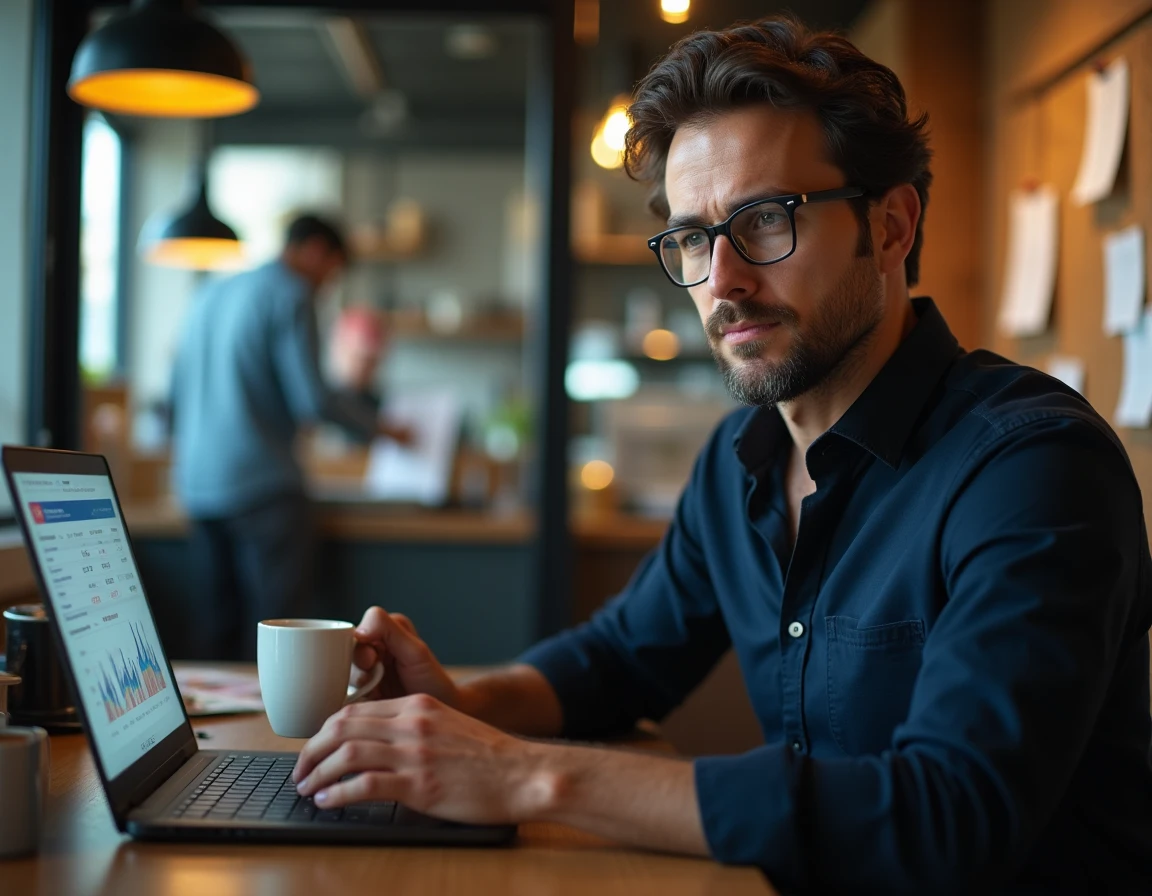 Gérant de pizzeria analysant les statistiques de ventes à emporter sur un ordinateur portable en arrière-boutique