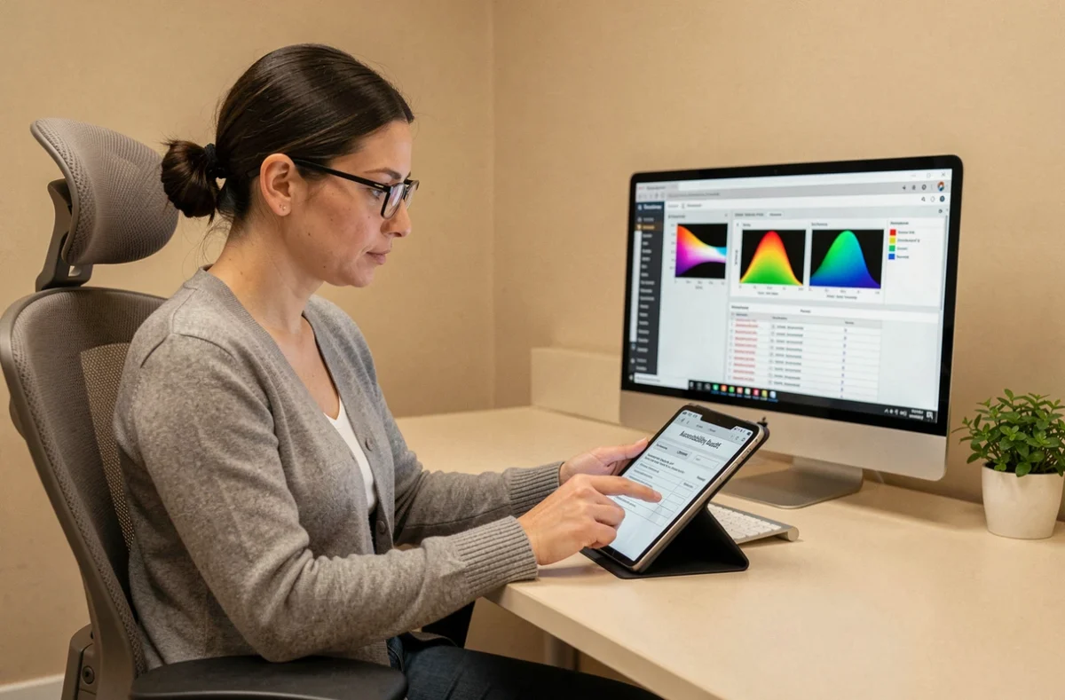 Consultante de GND Consulting réalisant un audit d'accessibilité web et SEO sur tablette et ordinateur dans un bureau ergonomique