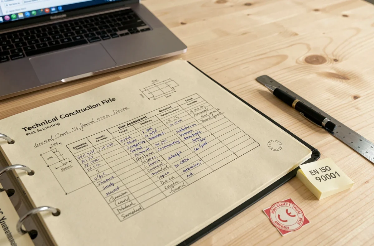 Gros plan d'un dossier technique de construction ouvert avec tampon marquage CE et schémas techniques sur un bureau en bois
