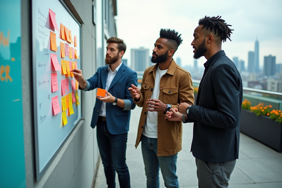 Groupe de professionnels en rooftop discutant d