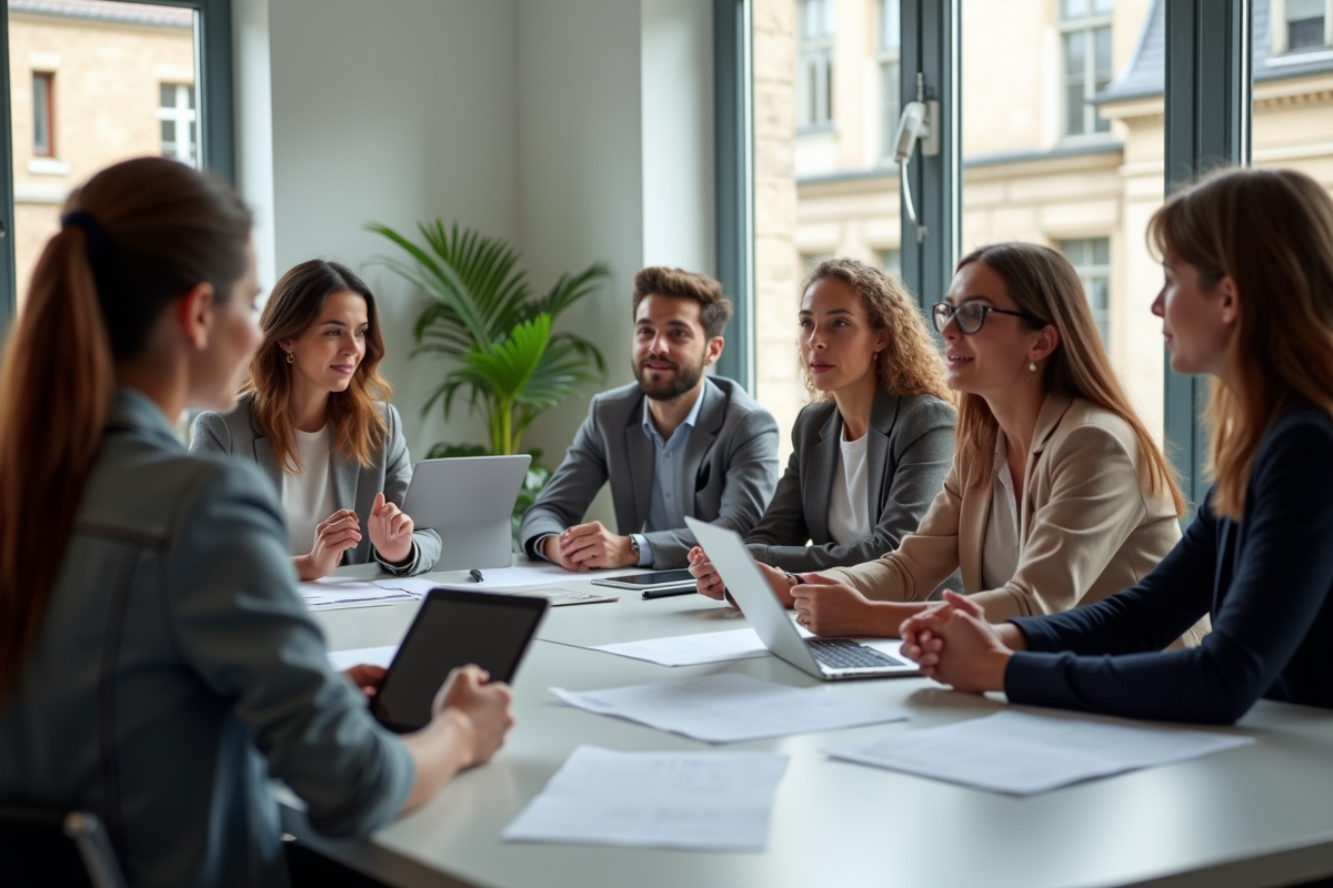 Groupe de jeunes adultes discutant stratégie marketing à Bordeaux