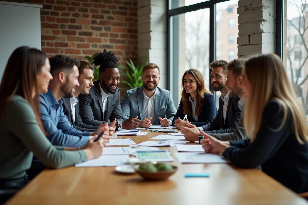 Groupe d entrepreneurs discutant stratégie juridique