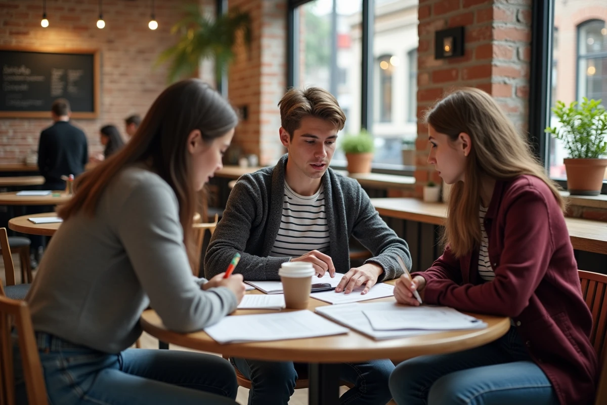 Groupe d'étudiants discutant d'une fiche mémo sur le secteur tertiaire dans un café