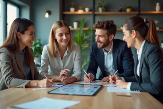 Groupe de professionnels en réunion avec tableau digital
