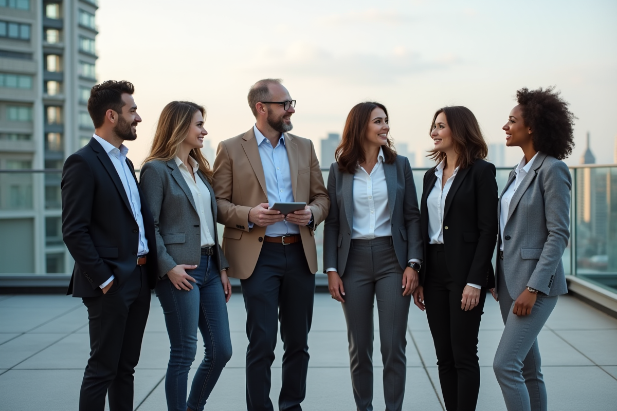 Groupe de professionnels sur une terrasse urbaine
