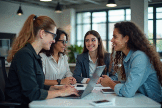 Groupe de jeunes professionnels collaborant en équipe dans un bureau moderne