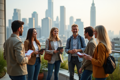 Groupe diversifié en rooftop urbain avec skyline futuriste