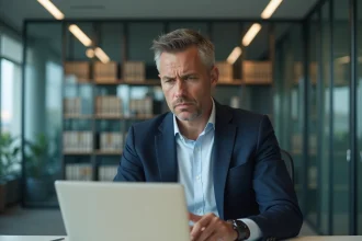 Homme d'affaires concentré au bureau pour l'article