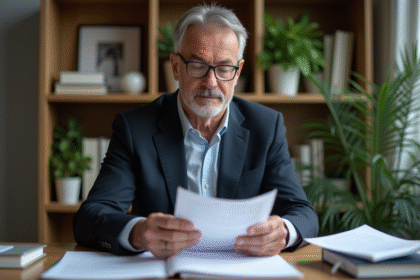 Homme d'affaires français lisant une circulaire dans un bureau