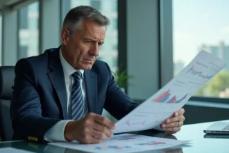 Homme d'affaires en costume regardant un rapport financier