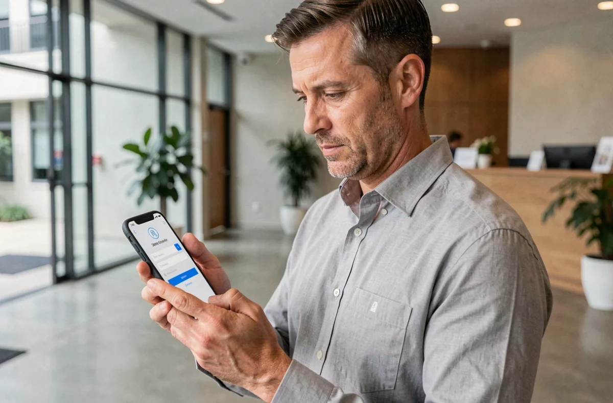 Homme utilisant l'application mobile Mon ADP pour accéder à son compte employé dans un hall d'entreprise