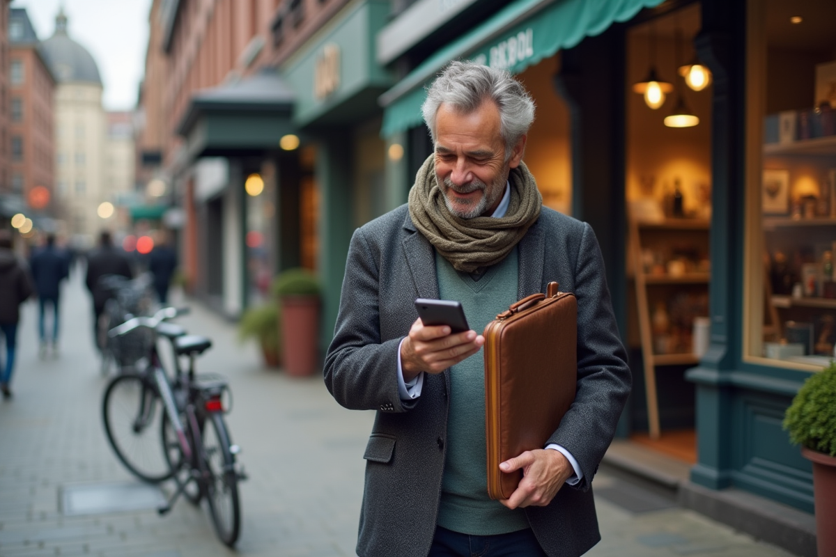 Homme avec portfolio devant un magasin d