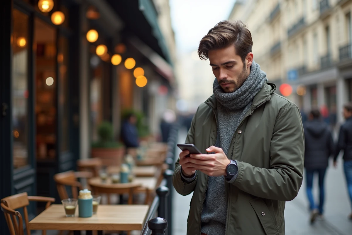 Jeune homme avec smartphone dans un café parisien
