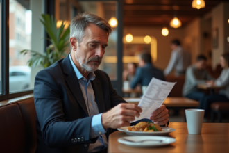Homme d'âge moyen au café examinant un reçu