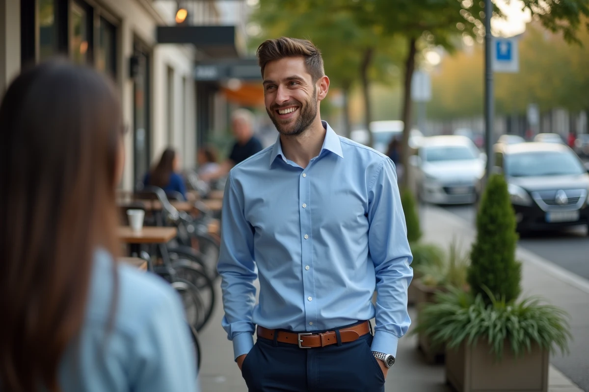 Jeune homme souriant dans un cadre urbain extérieur