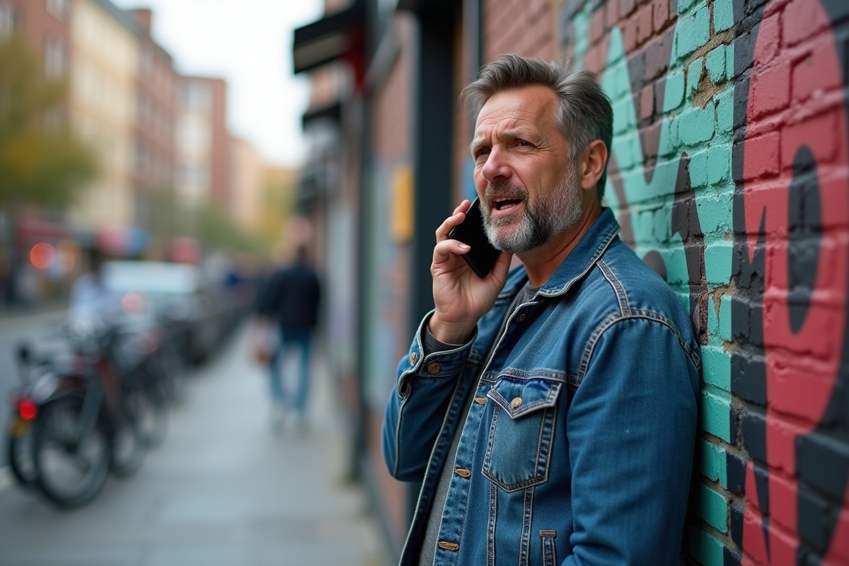 Homme décontracté parlant au téléphone dans la rue urbaine
