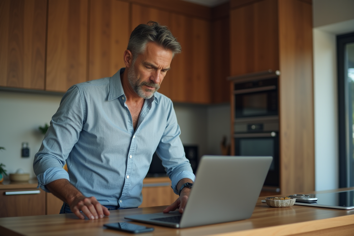 Homme dans cuisine tenant son téléphone en regardant son ordinateur