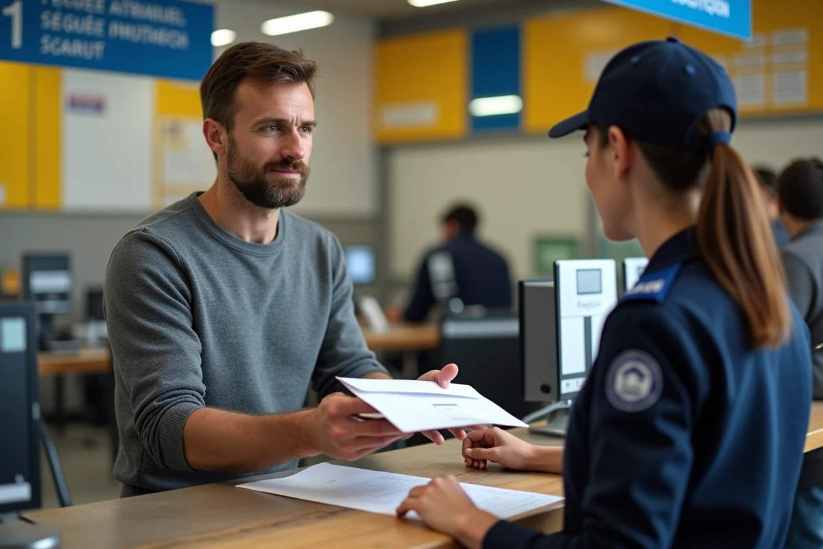 Homme déposant une lettre recommandée avec accusé de réception au guichet de La Poste