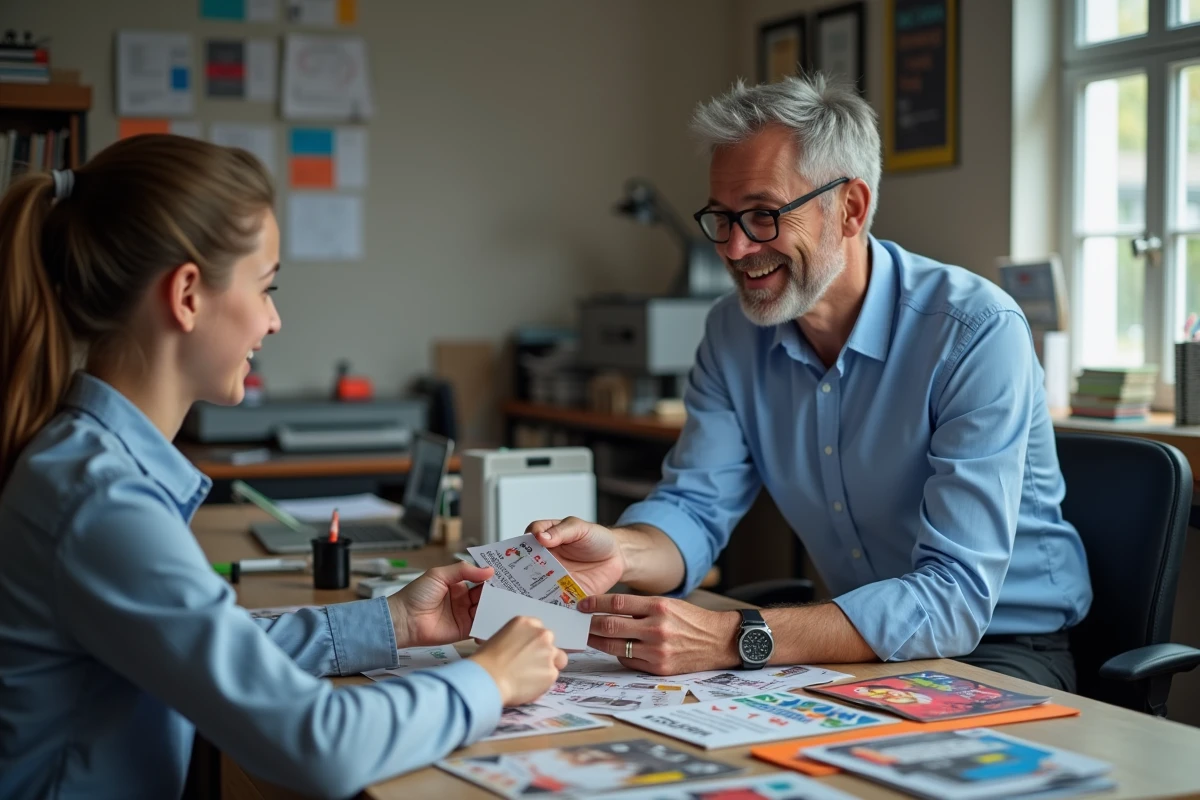 Homme remet des cartes de visite à une jeune designer au bureau