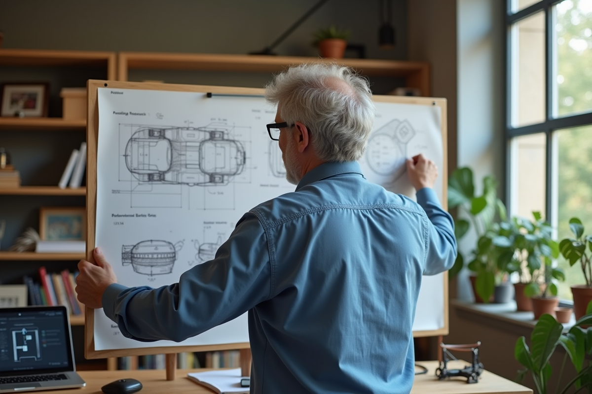 Homme étudiant un tableau de croquis dans un espace créatif