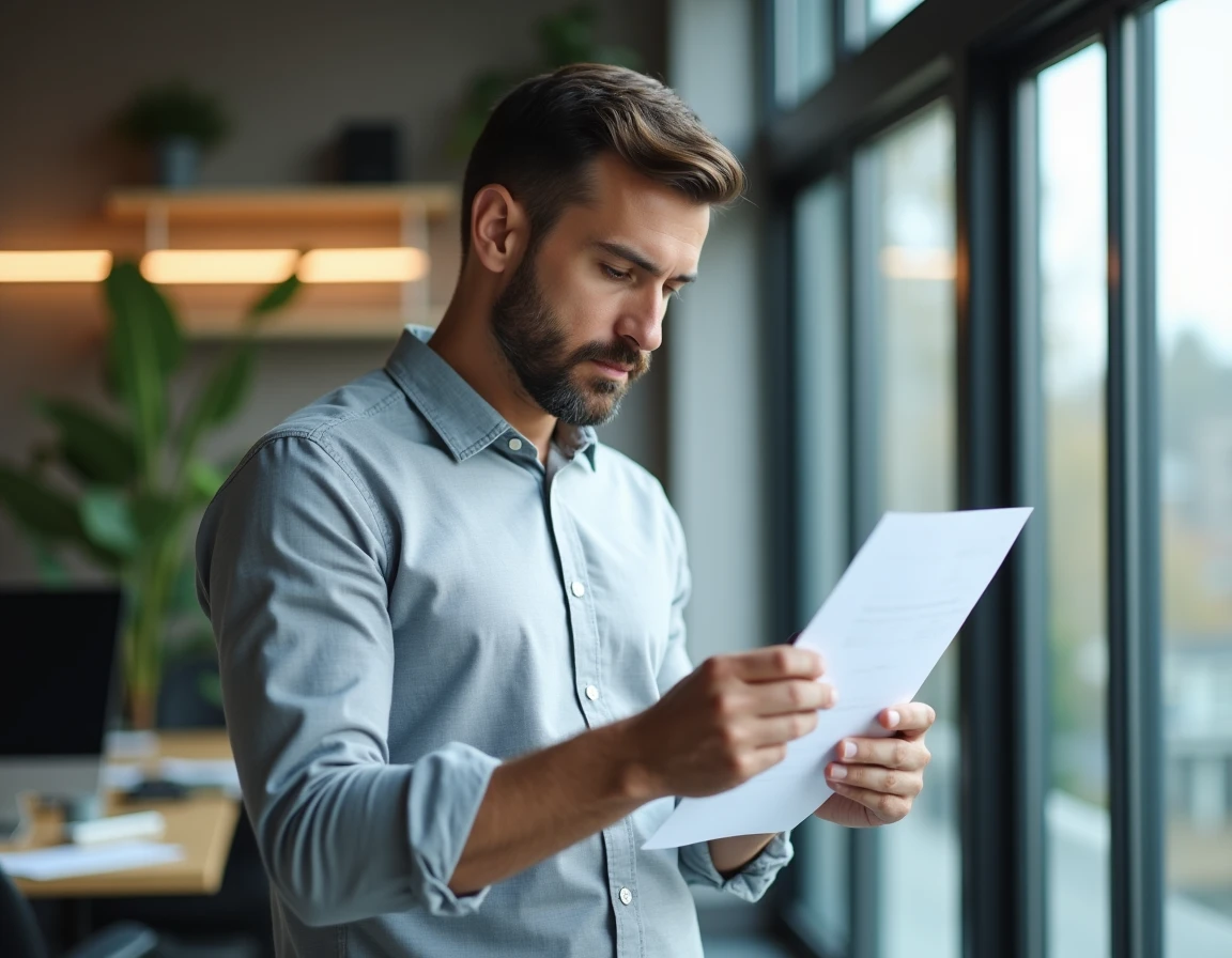 Homme en bureau relisant sa lettre de démission avant de la remettre à son employeur